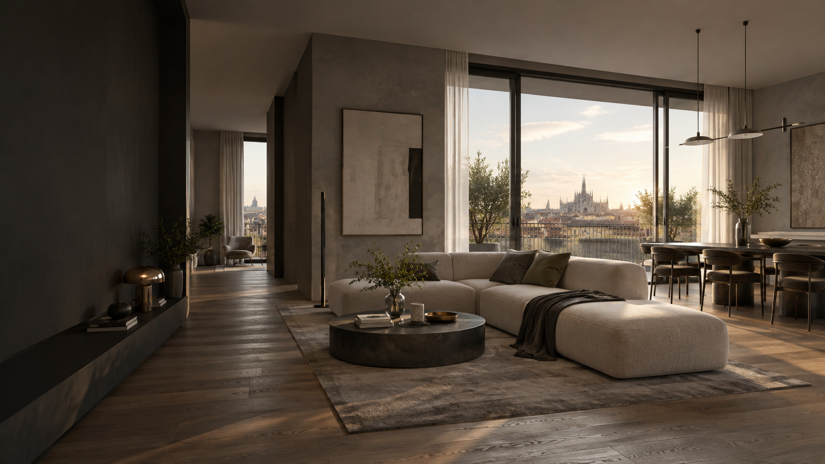 Render fotorealistico di un appartamento contemporaneo a Milano